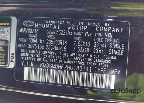 2017 Hyundai Santa Fe Se z USA, uszkodzony, nr VIN KM8SMDHF2HU183141